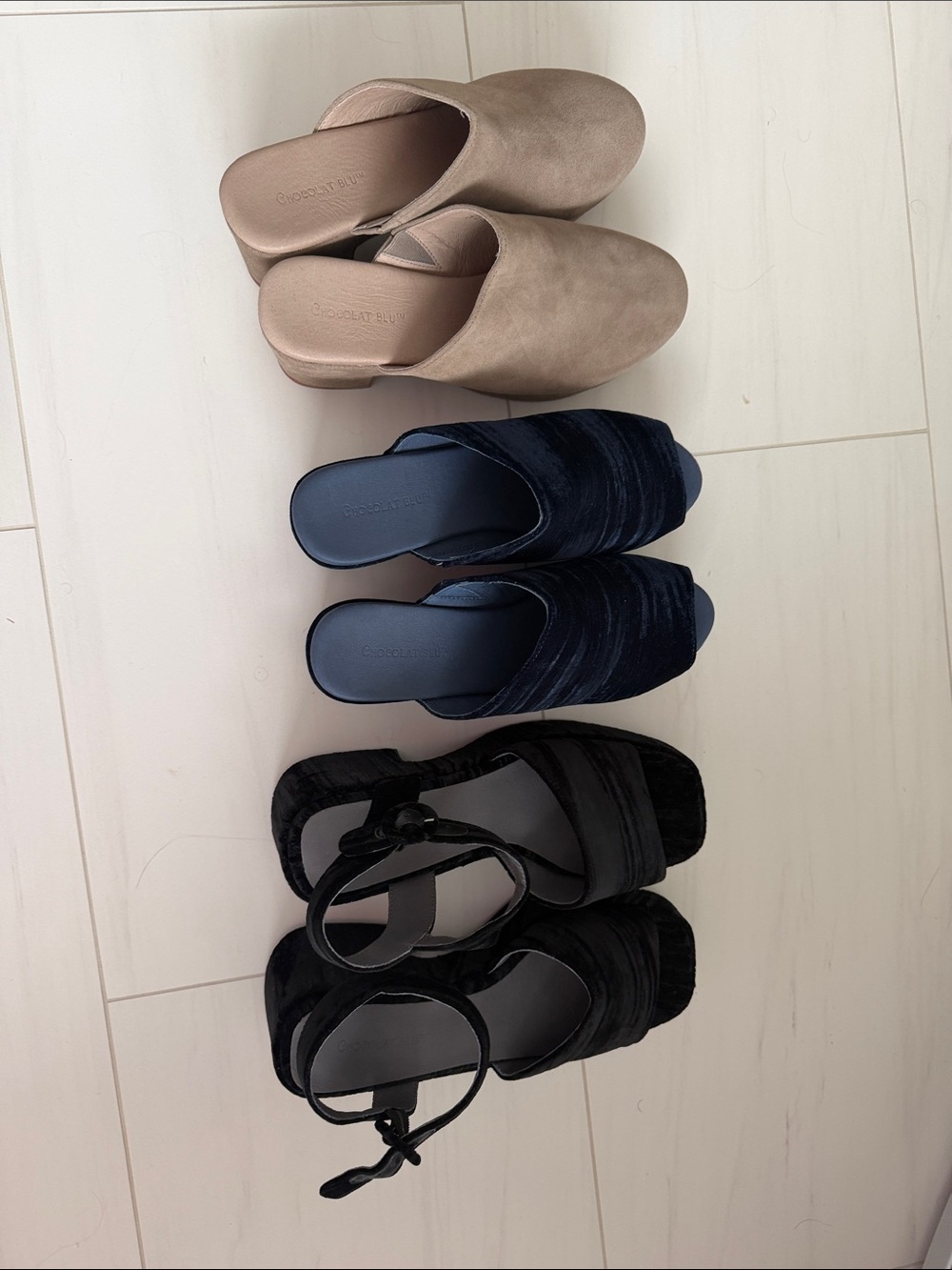 Chocolat Blu Neutral Taupe and Black Heeled Mules and Sandals